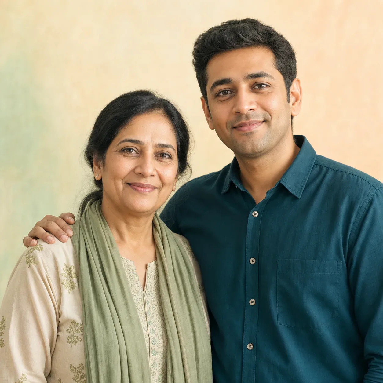 An Indian mother and adult son supporting each other